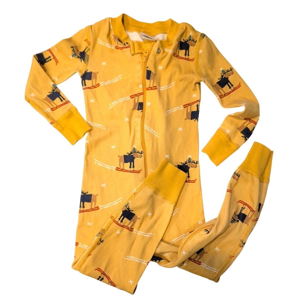 Hanna Andersson Yellow Skiing Moose Organic Cotton Sleeper Pajamas 3T 90cm